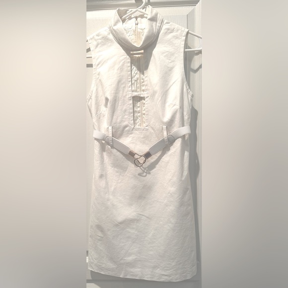 Milly Sleeveless Ivory White Runway Front Cutout Belted Mini Dress - Picture 3 of 8